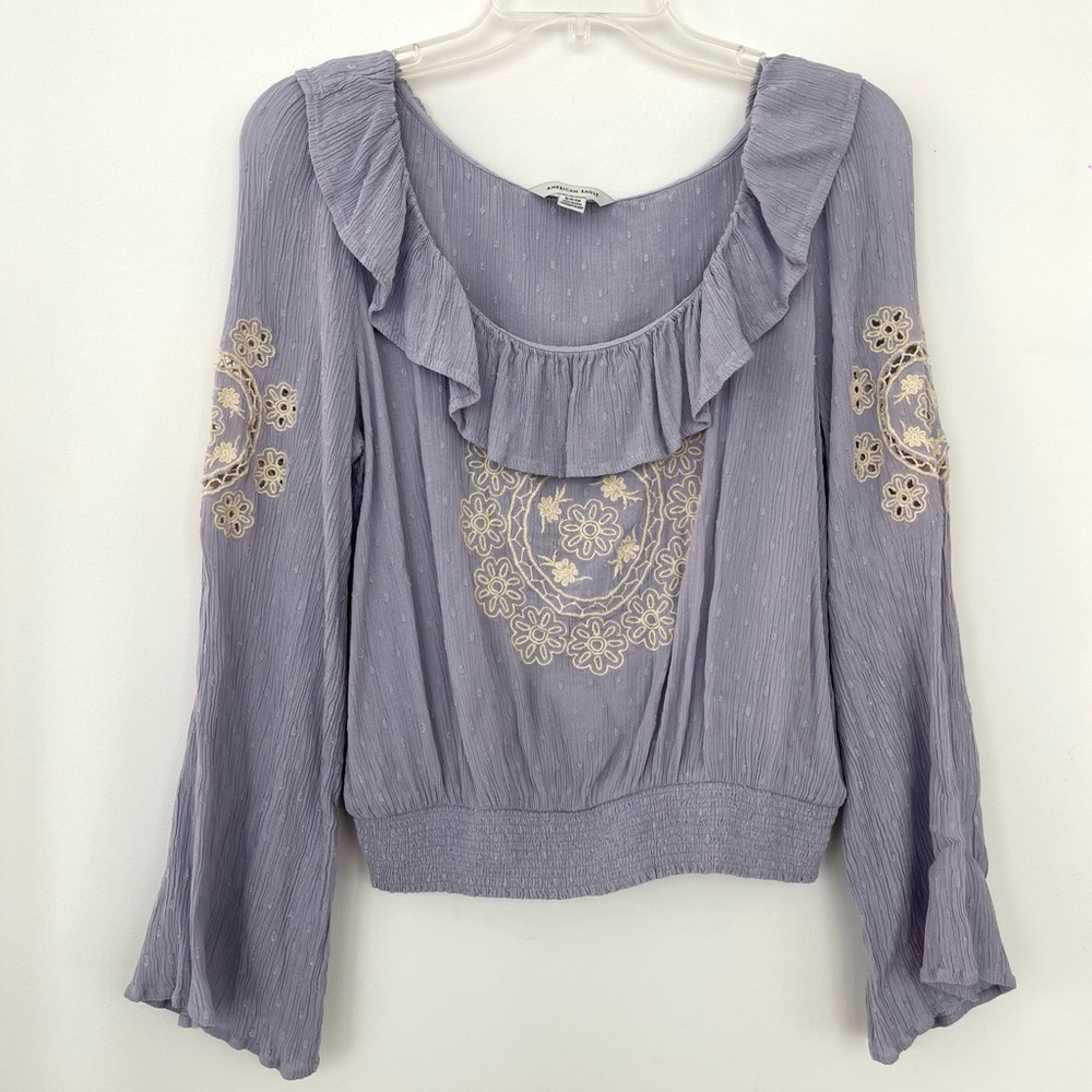 American Eagle Lavender Periwinkle Blouse with Ruffles and Lace Detail, Small